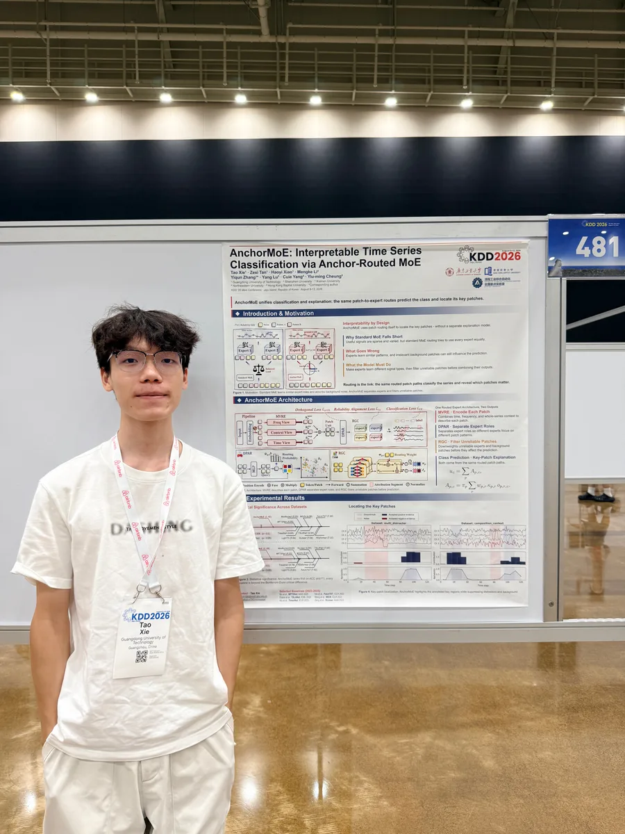 Tao Xie beside the AnchorMoE poster at KDD 2026